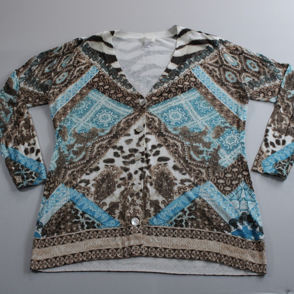 Chicos Abstract Cheetah Bandana Print Cardigan Blue Brown Paisley Size 1 Comfort